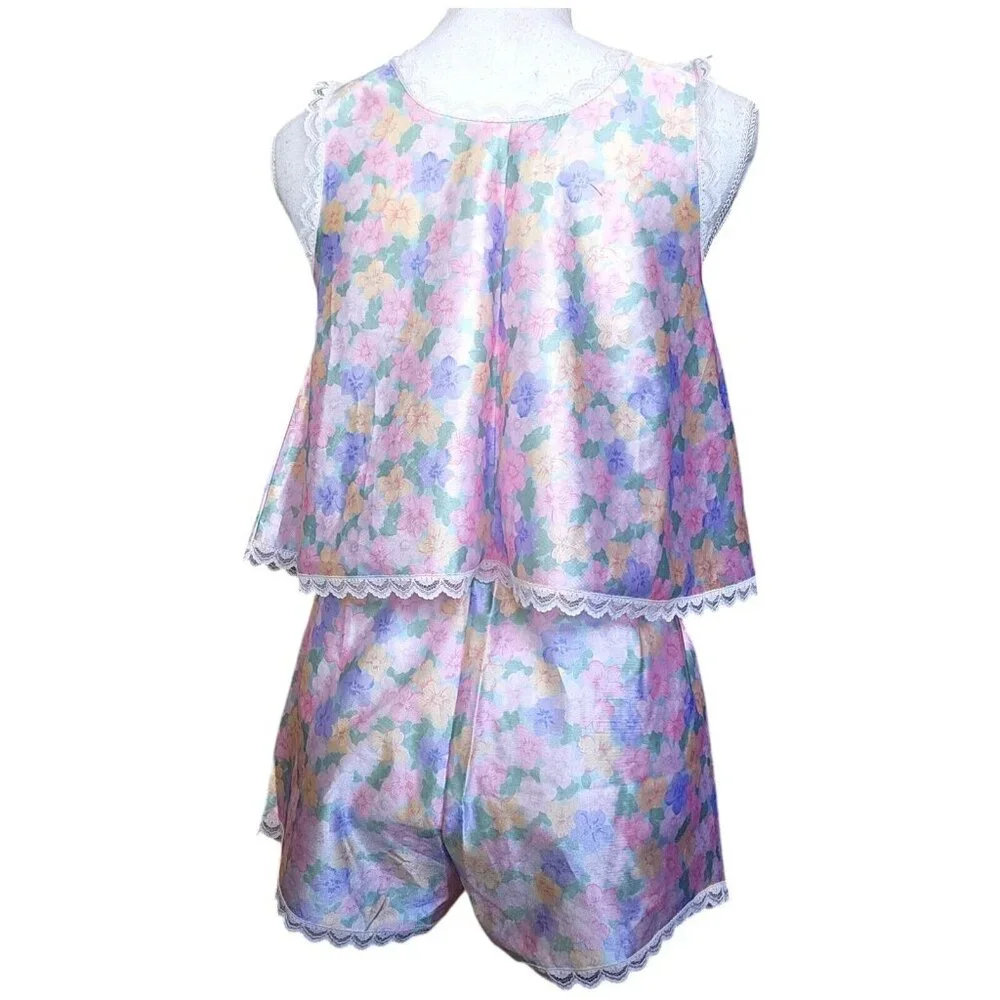 Vintage 80s Womens Small‎ Satin Floral 2 Piece Pajamas Lounge Cottage Core Sissy